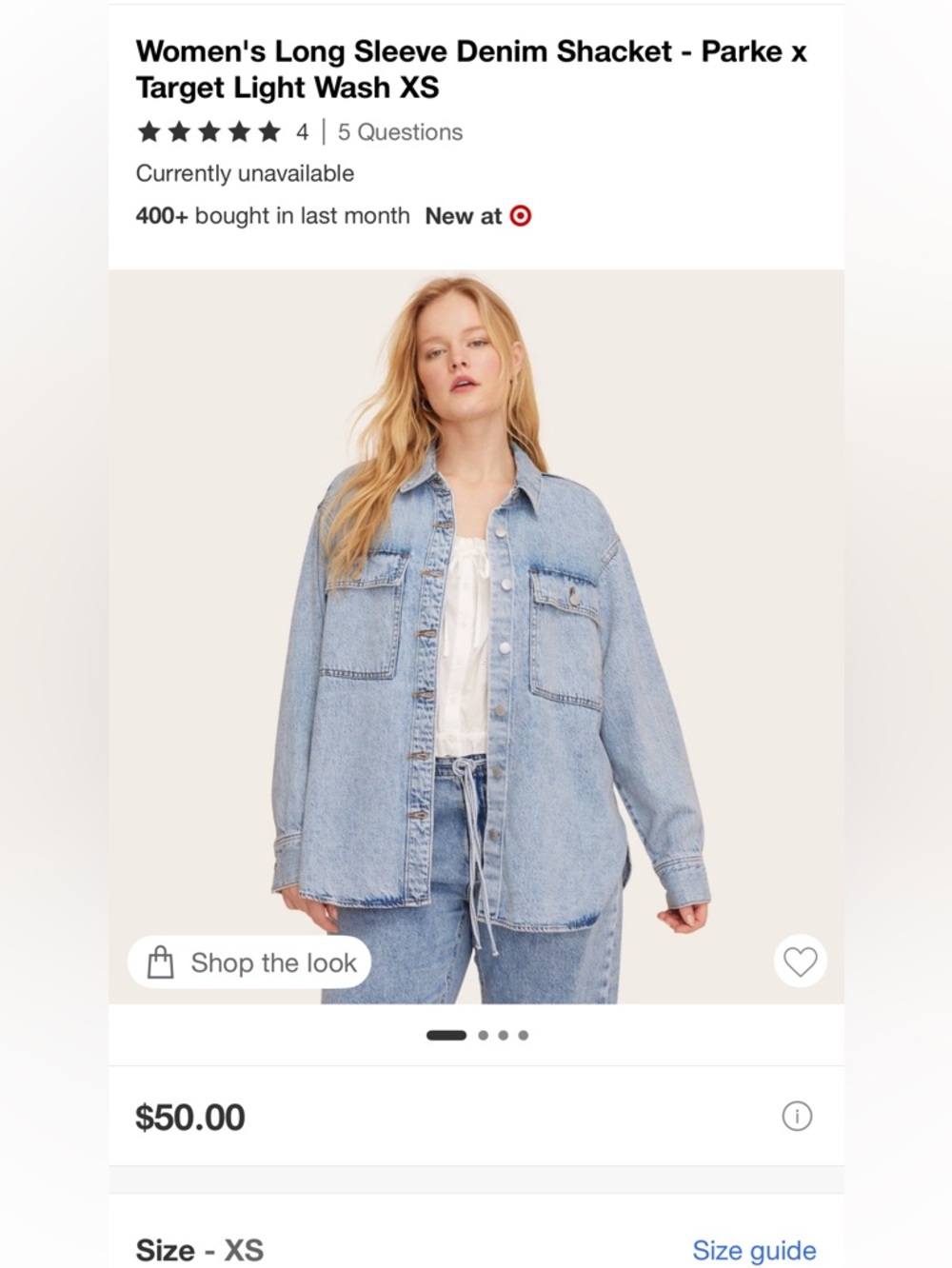Target Parke. Long sleeve denim shacket. Light wash